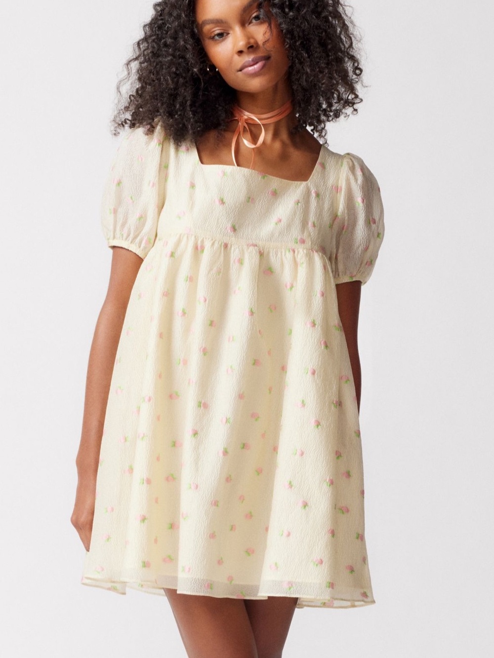 Glamorous Cream Puff-Sleeve Dress with Pink Dot Embroidery